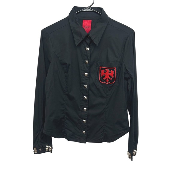 Lip Service Black Studded Button Up Shirt Red Eagle Patch Punk Goth Rock XL - Picture 1 of 7